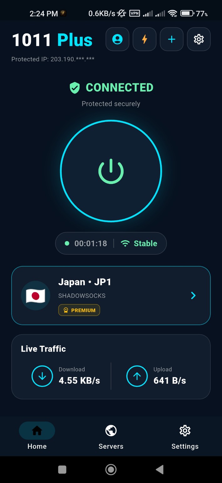1011 Plus VPN app screen